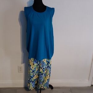 Quacker Factory Teal Top with Floral Wide Leg Pants